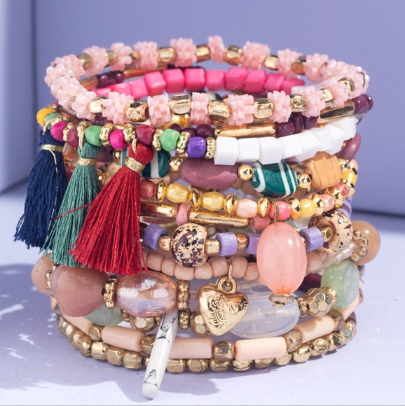 Pink Bohemian Multi Strand Stretch Bracelet w Tassles & Charms - Picture 2 of 5